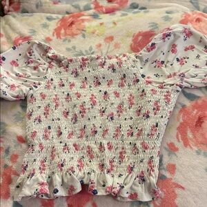 Rare Editions White Floral Smocked Top with Pink and Blue Flowers